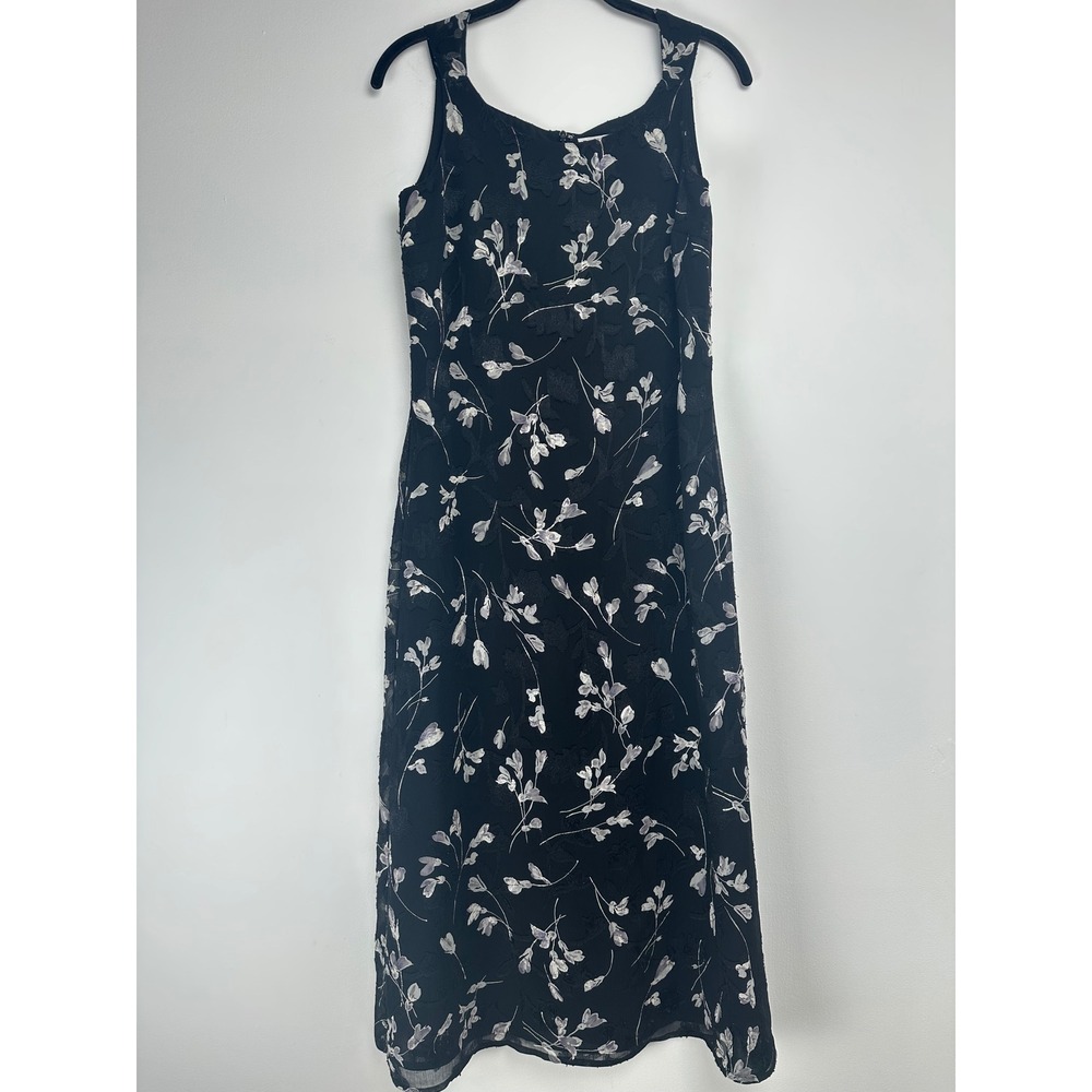 Petite Sophisticate Black Floral Burnout Midi Sheath Dress Whimsygoth Size 2